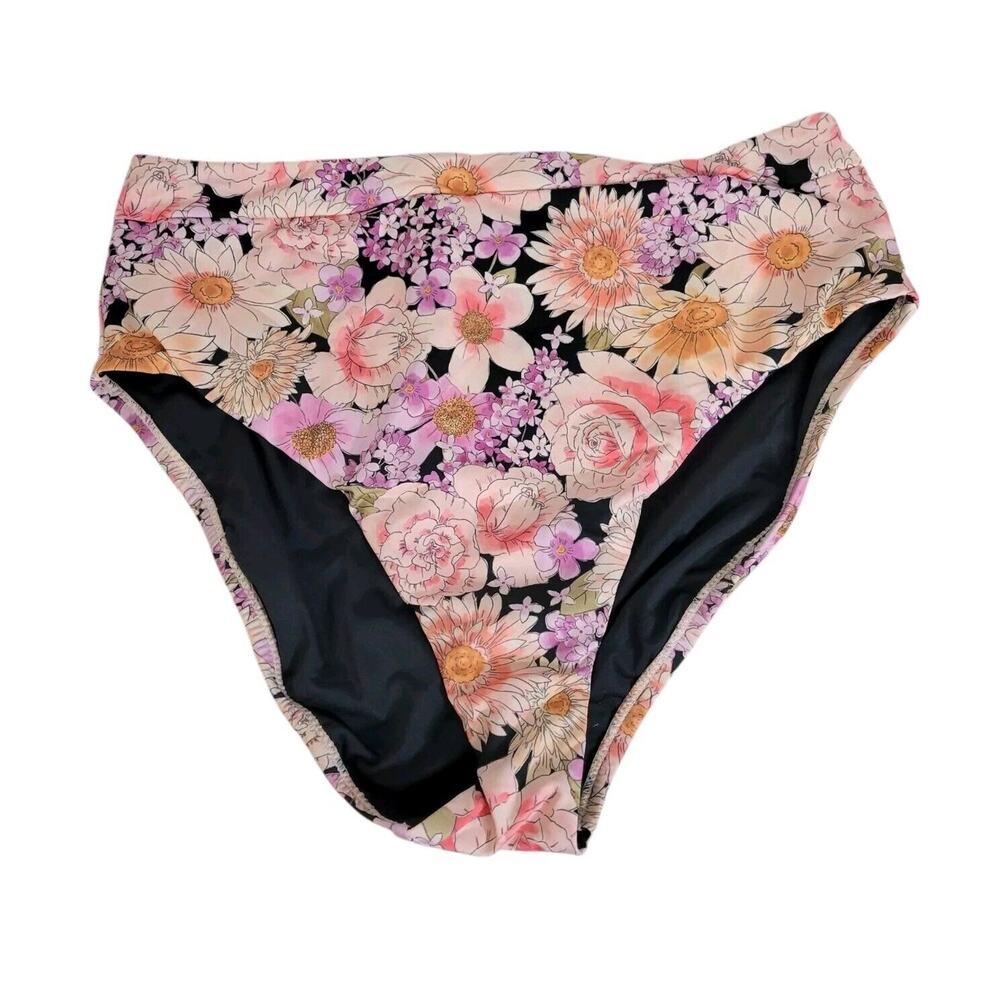 Sanctuary Swim Petal Pusher Pink Floral High Rise Bikini Bottom Size Large NWT